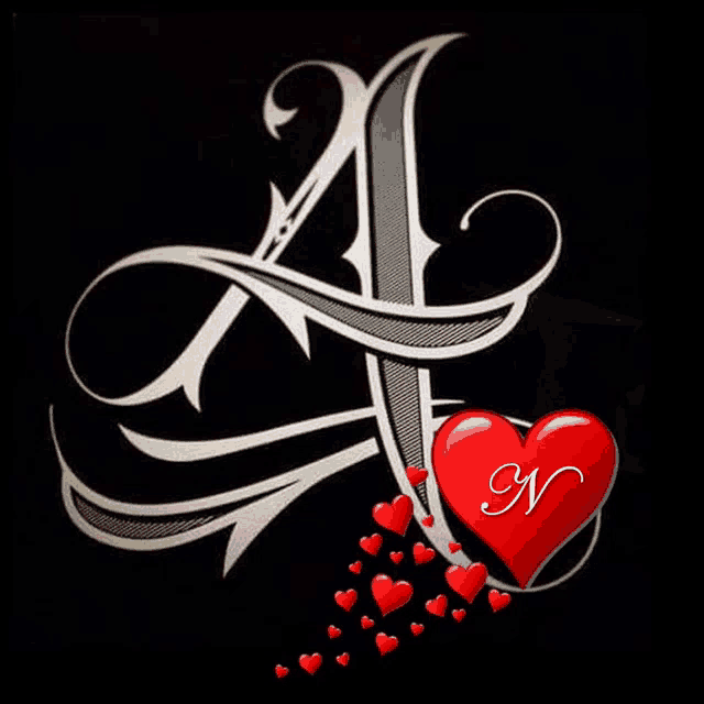 the letter a is surrounded by red hearts and the letter n