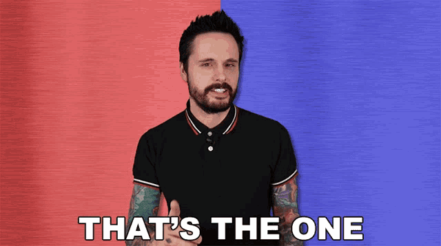 a man says that 's the one with a red and blue background