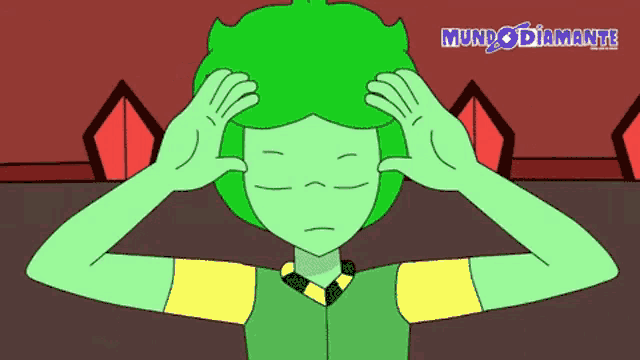 a cartoon character with green hair and yellow sleeves has the words mundo diamantes above him