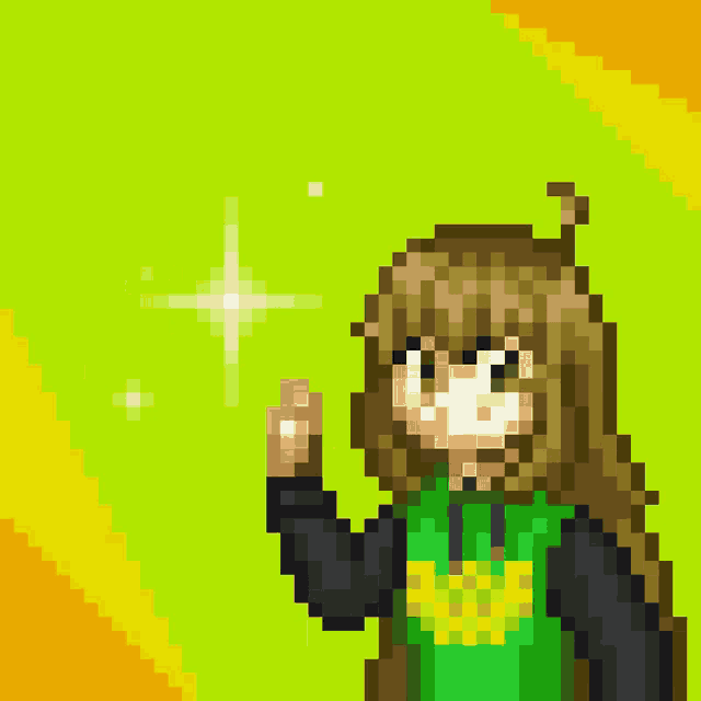 a pixel art drawing of a girl wearing a green shirt with a yellow eagle on it