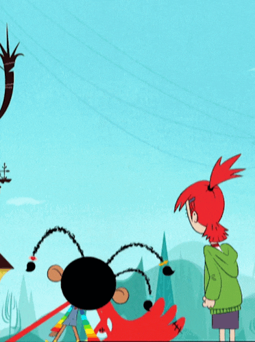 a cartoon of a girl standing next to a giant red ant