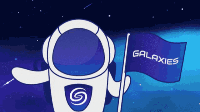 a cartoon of an astronaut holding a blue flag that says galaxies