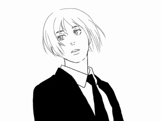 a black and white drawing of a person in a suit and tie