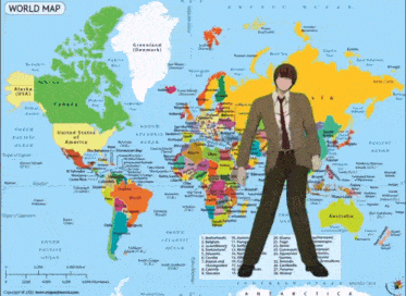 a man standing in front of a world map
