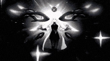 a black and white photo of a woman in a white coat standing in the dark surrounded by glowing lights .