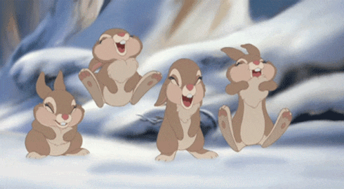 three cartoon rabbits are jumping in the air and laughing