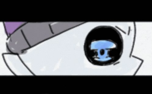 a close up of a cartoon character 's eye with a blue pupil and a purple hat .