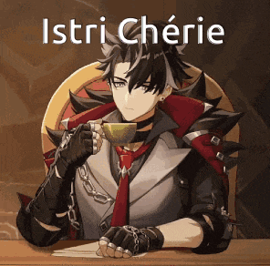 a man in a suit and tie is sitting at a table drinking a cup of coffee with the name istri cherie above him