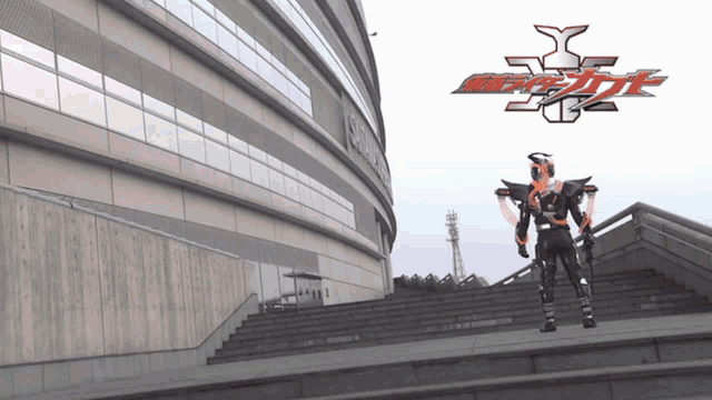 a man in a kamen rider costume stands in front of a building