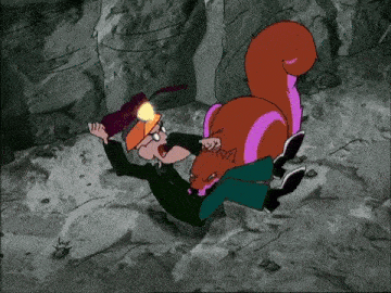 a cartoon of a man being attacked by a squirrel in a cave
