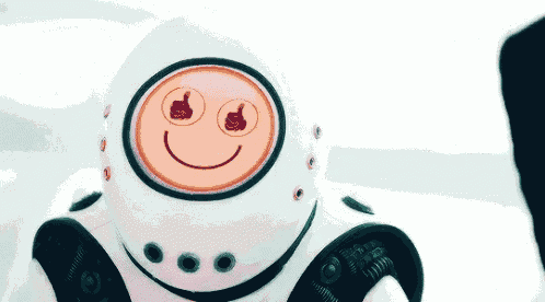 a robot with a smiley face on it 's head