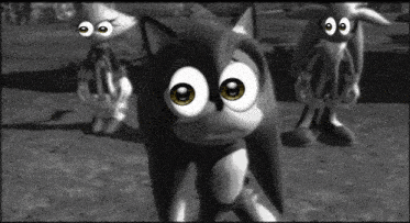 a black and white photo of three sonic the hedgehog characters with big eyes .
