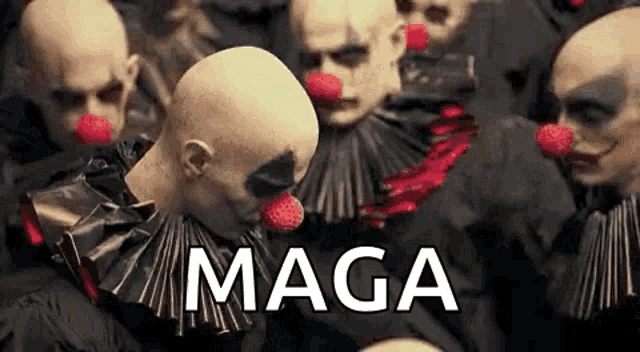 a group of bald clowns with red noses are standing next to each other and the word maga is written on the bottom .