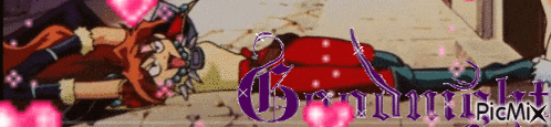 a picture of a girl laying on the ground with the word grimm written in purple