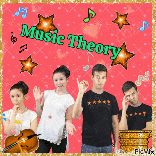 a group of people standing in front of a pink background with the words music theory