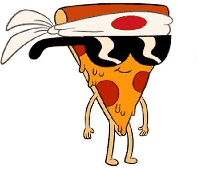 a cartoon drawing of a slice of pizza wearing sunglasses and a headband