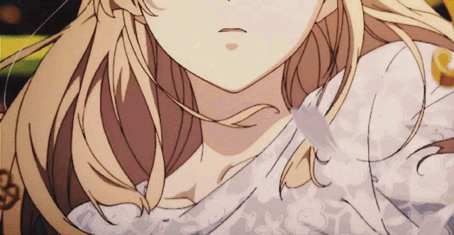 a close up of a blonde anime girl 's neck