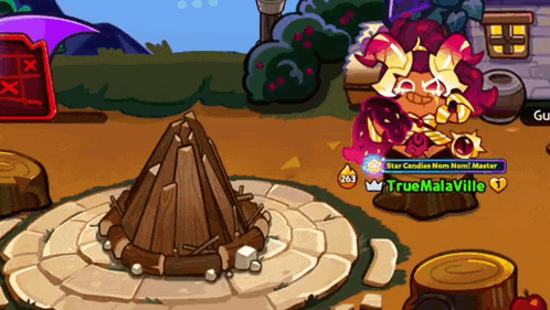 a cartoon character named truemalaville is standing next to a fire pit