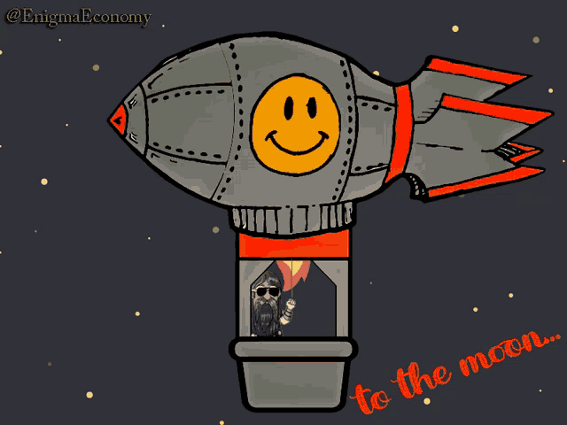 a cartoon of a rocket with a smiley face and the words to the moon