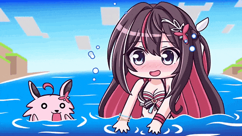 a girl in a bikini is swimming in the ocean next to a pink bunny