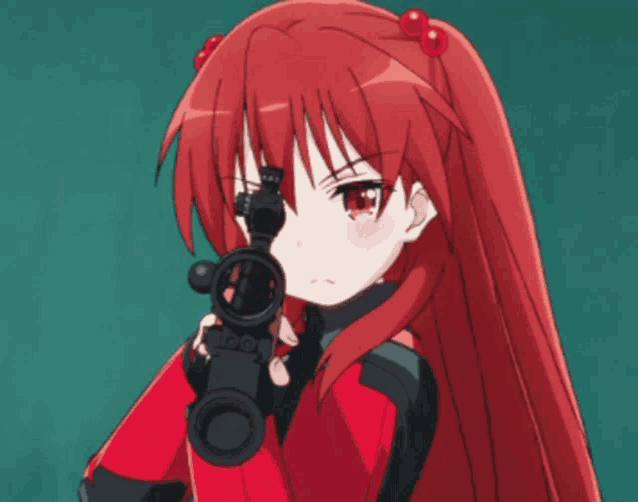 a red haired anime girl is holding a gun