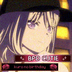 a picture of a girl with the words bpd cutie and kuro no birthday on it