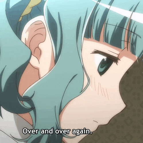 a girl with blue hair and the words over and over again below her