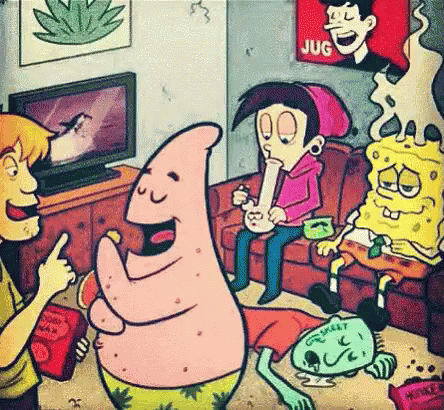 a cartoon drawing of patrick star and spongebob smoking a bong