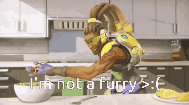 a video game character says i 'm not a furry in a kitchen