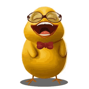 a cartoon chicken wearing glasses and a bow tie is laughing with its mouth open .