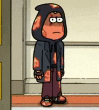 a cartoon character is standing in a hallway wearing a hooded jacket and pants .