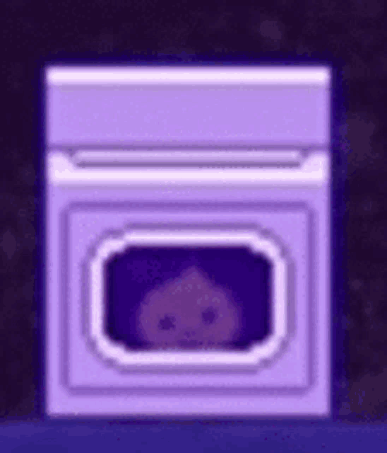 a purple oven with a cookie in it is sitting on a table .