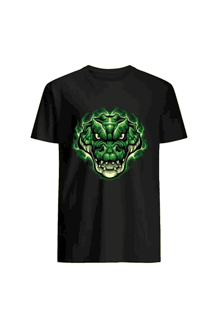 a black t-shirt with a green crocodile mascot on it