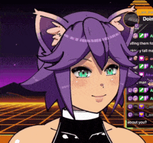 a cartoon of a girl with purple hair and cat ears says " about you "