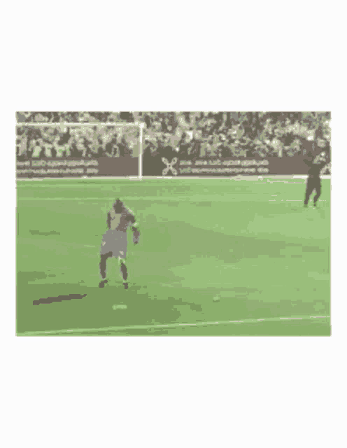 a soccer player in blue shorts is standing on the field
