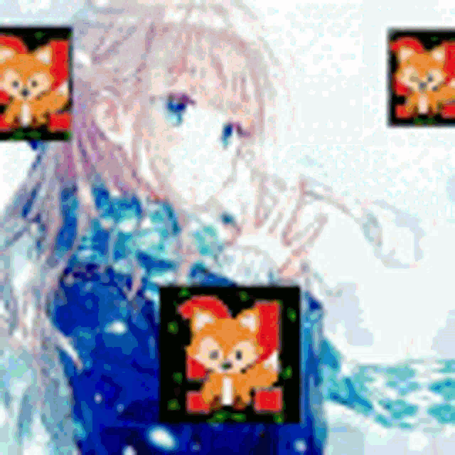 a pixel art of a girl holding a fox in her hand
