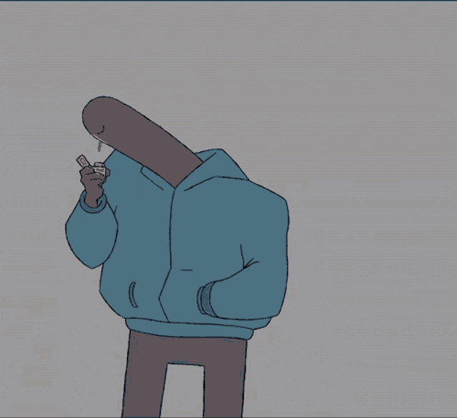 a cartoon character smoking a cigarette and wearing a blue hoodie