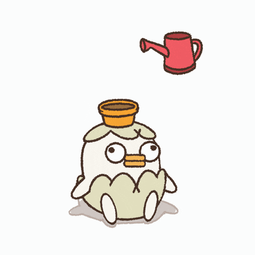 a watering can is pouring water into a pot on top of a penguin 's head