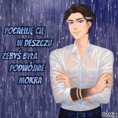a man with his arms crossed stands in front of a blue background that says picmix on it
