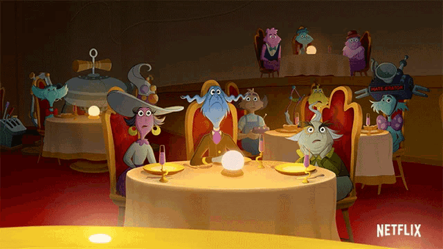 a group of cartoon characters are sitting at a table with a sign that says pirate castle