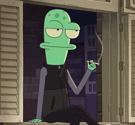 a green cartoon character is smoking a cigarette while sitting on a window sill