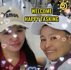 two women are posing for a picture with the words welcome happy tasking