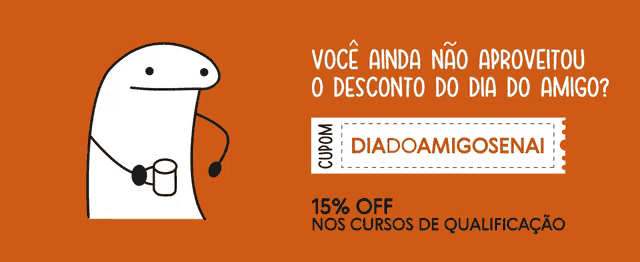 a cartoon character holding a cup with a coupon that says 15% off nos cursos de qualificacao
