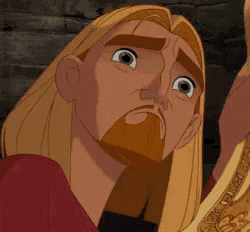 a cartoon character with long blonde hair and a beard is looking up at something