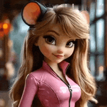 a doll is wearing a pink jacket and a mouse costume .