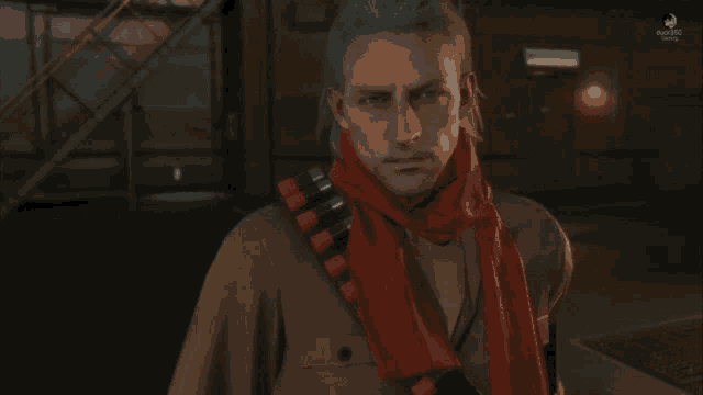 a man with a red scarf around his neck is standing in front of a building with a blue arrow pointing to the right