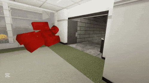 a red cube is flying through a hallway with the letters x on the bottom