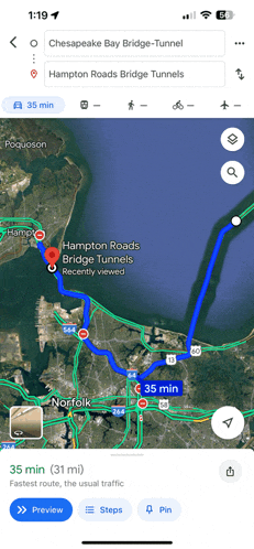 a screenshot of a google maps app showing a route to chesapeake bay bridge tunnel