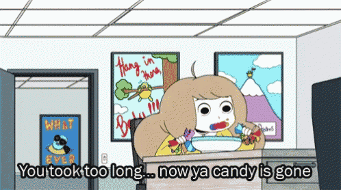 a cartoon of a girl eating cereal with the words " you took too long ... now ya candy is gone "