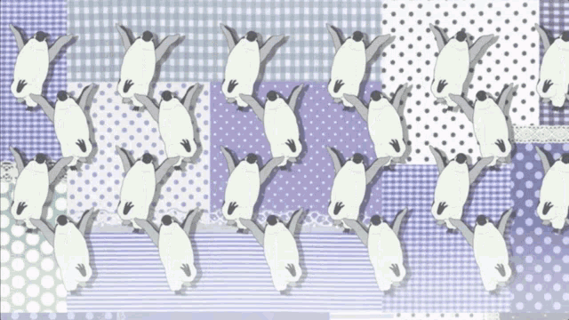 a bunch of penguins are standing on a purple and white polka dot background